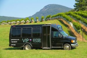 Tour bus parked in vibrant green grass; vineyards extend into the background behind bus