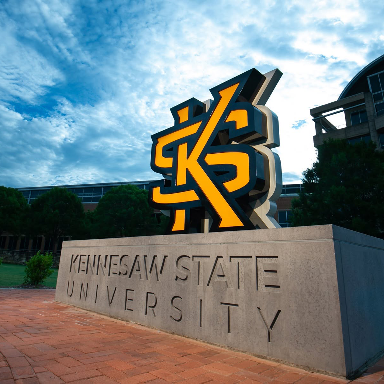 A scenic photo depicting the Kennesaw State University Logo sculpture