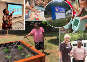 A collage of photos featuring Adaeze Ngoddy, owner of Rex Childcare & Early Learning Center, watering vegetables in the Center's children's garden, leading a presentation on gardening education, and meeting with Clayton Co. District 1 Commissioner Alieka Anderson.