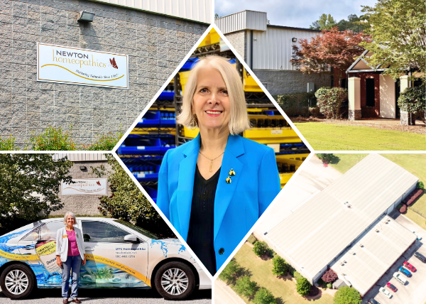 Newton Homeopathics photo collage: business signage, photo of owner Marjorie Roberts, branded car, front and aerial views of facility