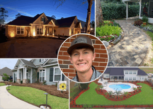 Collage of five photos featuring home exteriors, landscaping, a walkway, a backyard pool, and a headshot of Stewart Ward, owner of Quality Outdoors.