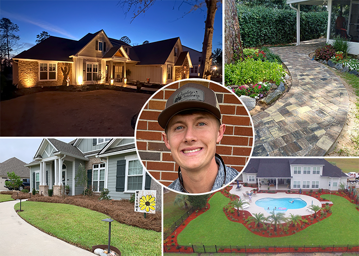 Collage of five photos featuring home exteriors, landscaping, a walkway, a backyard pool, and a headshot of Stewart Ward, owner of Quality Outdoors.