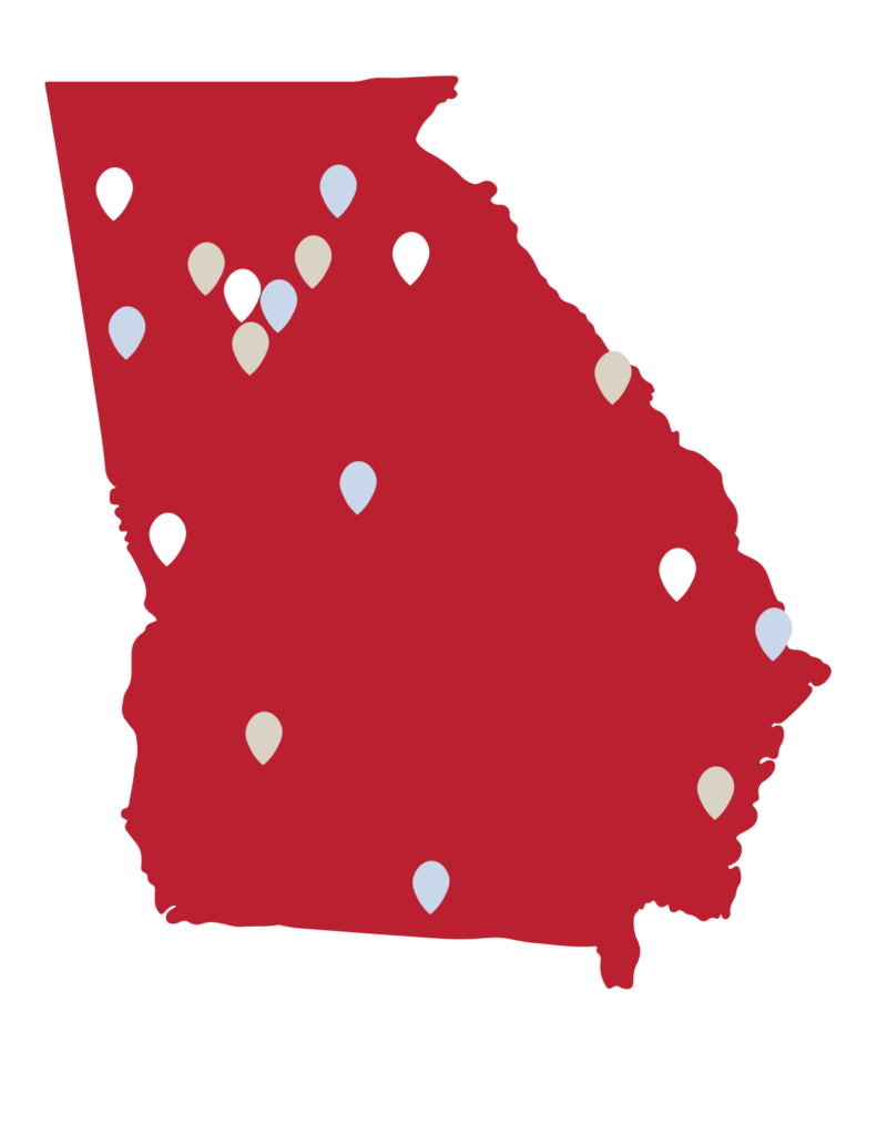 Map of Georgia depicting the 17 office locations of the UGA SBDC